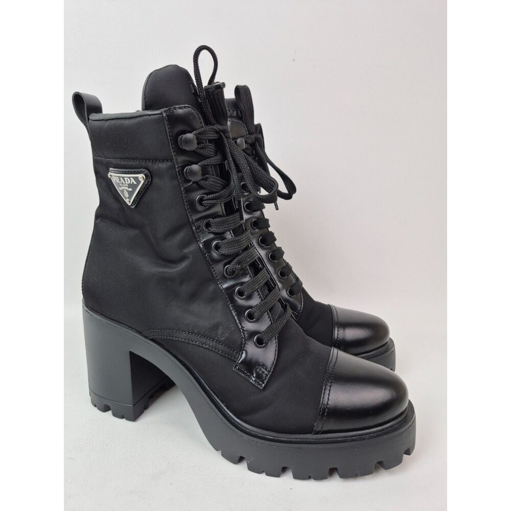 Prada Women's Black Re-Nylon Leather Booties Size 39.5 - Picture 1 of 7